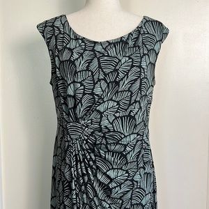 connected apparel Black and Light Blue Leaf-Print Midi Dress with Twist Detail
